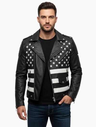 American Flag Patch Black Cowhide Leather Biker Jacket
