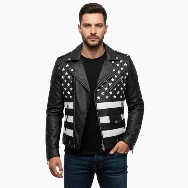 American Flag Patch Black Cowhide Leather Biker Jacket