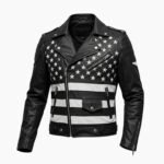 American Flag Patch Black Cowhide Leather Biker Jacket