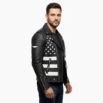 American Flag Patch Black Cowhide Leather Biker Jacket