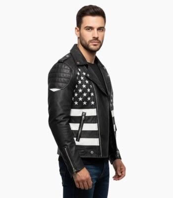 American Flag Patch Black Cowhide Leather Biker Jacket