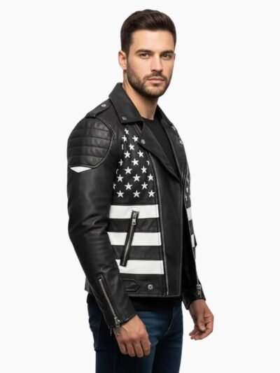 American Flag Patch Black Cowhide Leather Biker Jacket