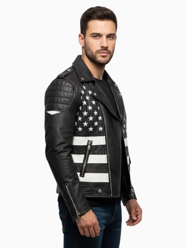 American Flag Patch Black Cowhide Leather Biker Jacket
