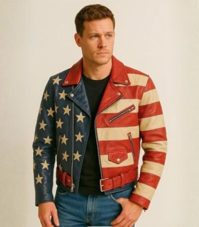 American Flag Vintage Stars & Stripes Leather Biker Jacket