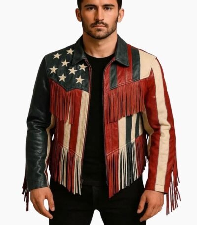Custom Flag Leather Fringe Cowboy Jacket