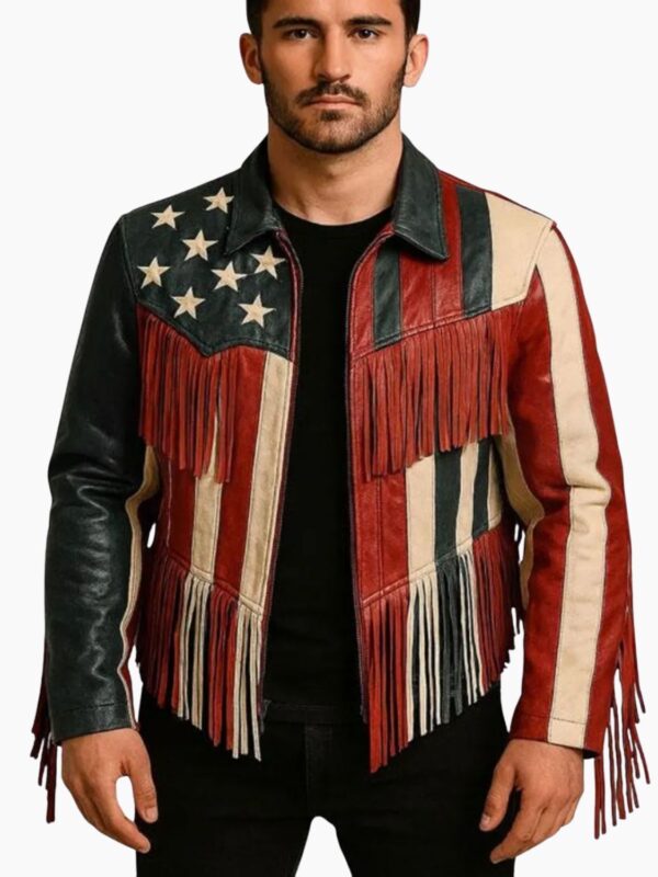 Custom Flag Leather Fringe Cowboy Jacket