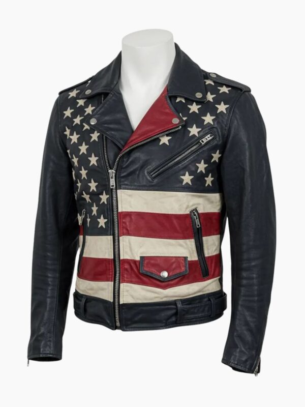 Distressed Stars & Stripes USA Flag Vintage Cowhide Leather Biker Jacket