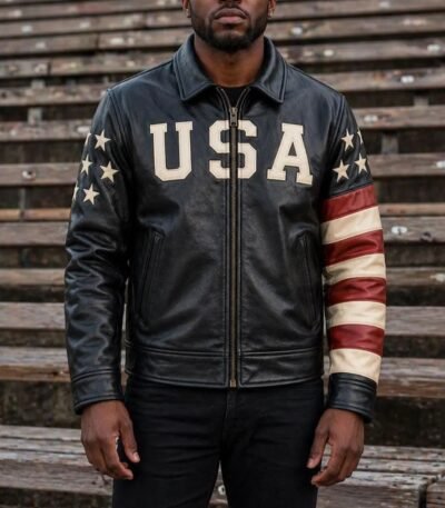 Handmade Men's Leather American Flag Biker Jacket