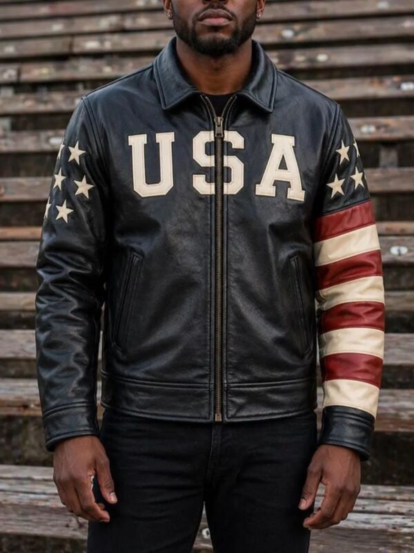Handmade Men's Leather American Flag Biker Jacket