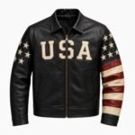 Handmade Men's Leather American Flag Biker Jacket