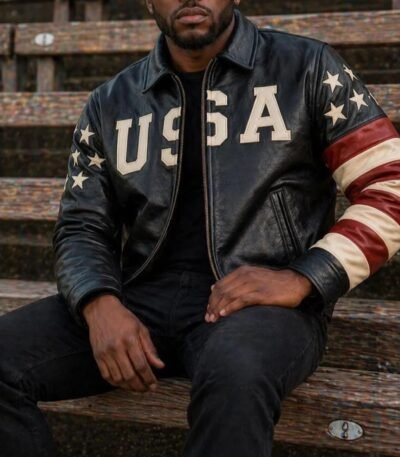 Handmade Men's Leather American Flag Biker Jacket