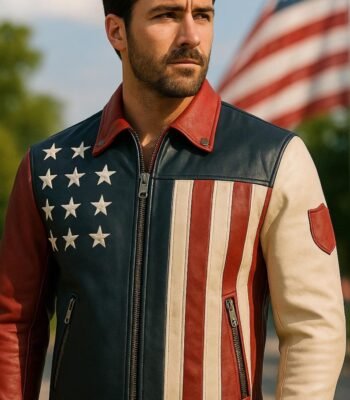 Handmade USA Flag Leather Biker Jacket