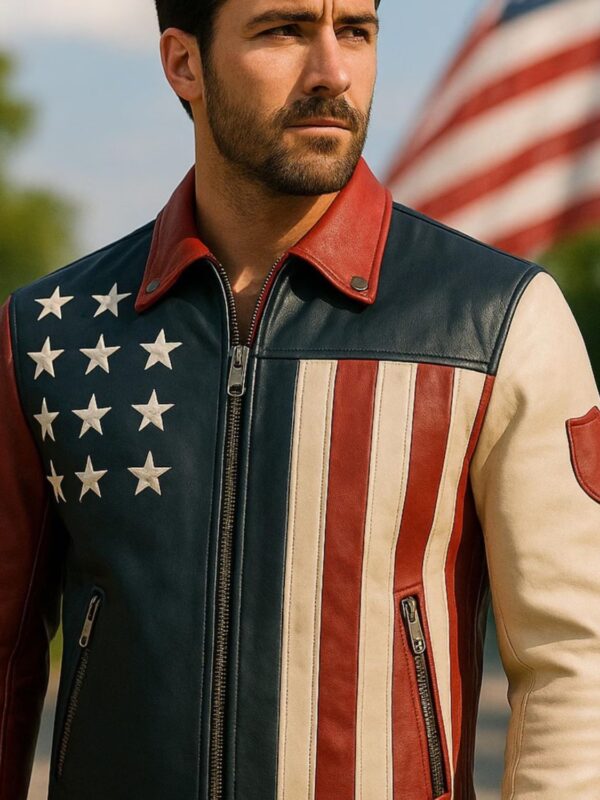 Handmade USA Flag Leather Biker Jacket