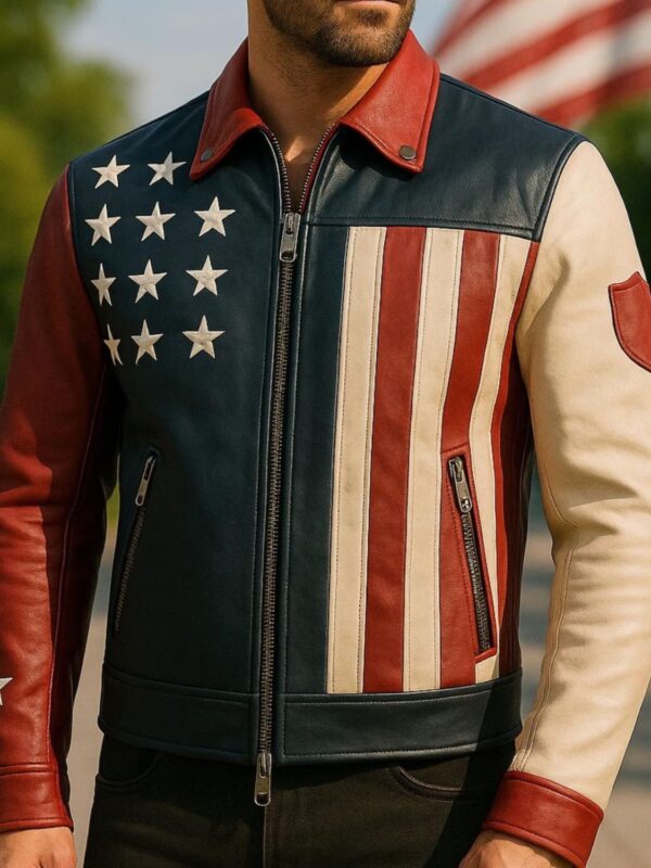 Handmade USA Flag Leather Biker Jacket