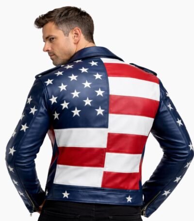 Men's American Flag Sheepskin Leather Biker Jacket