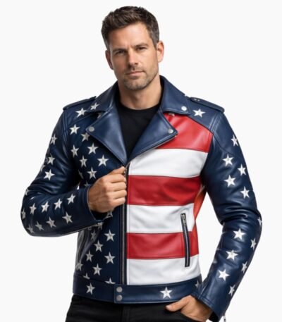 Men's American Flag Sheepskin Leather Biker Jacket