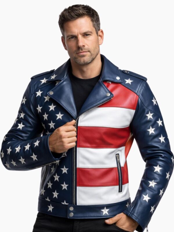 Men's American Flag Sheepskin Leather Biker Jacket