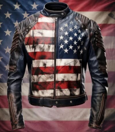 Men's Distressed USA Flag Genuine Leather Motorcycle Jacket