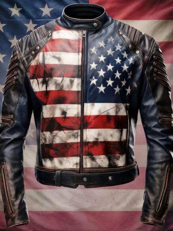 Men's Distressed USA Flag Genuine Leather Motorcycle Jacket