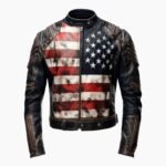 Men's Distressed USA Flag Genuine Leather Motorcycle Jacket