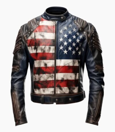 Men's Distressed USA Flag Genuine Leather Motorcycle Jacket