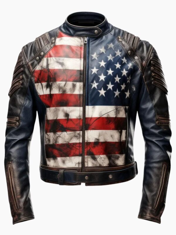 Men's Distressed USA Flag Genuine Leather Motorcycle Jacket