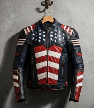Mens Genuine Leather Jacket Inspired by American Flag USA