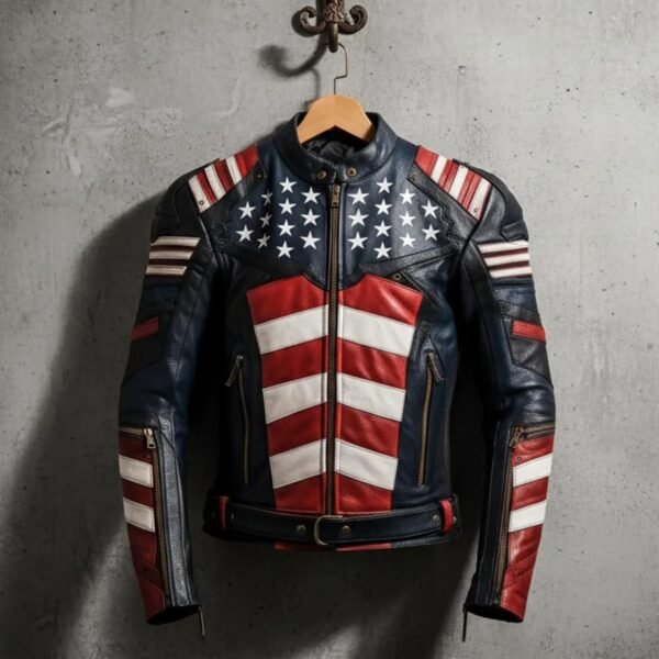 Mens Genuine Leather Jacket Inspired by American Flag USA