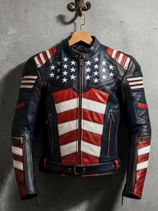 Mens Genuine Leather Jacket Inspired by American Flag USA