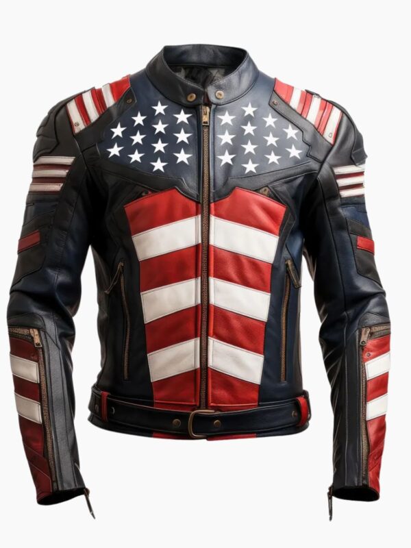 Mens Genuine Leather Jacket Inspired by American Flag USA