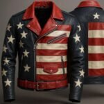 Men's Genuine Sheepskin Leather Motorcycle Jacket American Flag