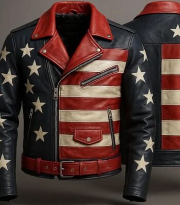 Men's Genuine Sheepskin Leather Motorcycle Jacket American Flag