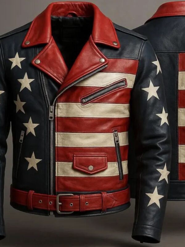 Men's Genuine Sheepskin Leather Motorcycle Jacket American Flag