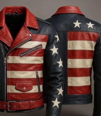 Men's Genuine Sheepskin Leather Motorcycle Jacket American Flag
