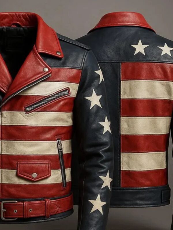 Men's Genuine Sheepskin Leather Motorcycle Jacket American Flag
