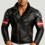 Men's USA Flag Black Sheepskin Leather Biker Jacket