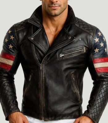 Men's USA Flag Black Sheepskin Leather Biker Jacket