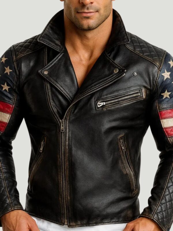 Men's USA Flag Black Sheepskin Leather Biker Jacket