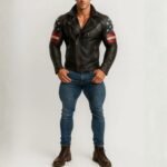 Men's USA Flag Black Sheepskin Leather Biker Jacket
