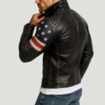 Men's USA Flag Black Sheepskin Leather Biker Jacket