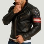 Men's USA Flag Black Sheepskin Leather Biker Jacket