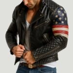 Men's USA Flag Black Sheepskin Leather Biker Jacket