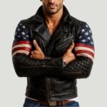 Men's USA Flag Black Sheepskin Leather Biker Jacket