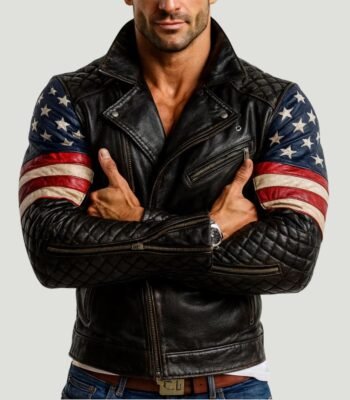 Men's USA Flag Black Sheepskin Leather Biker Jacket
