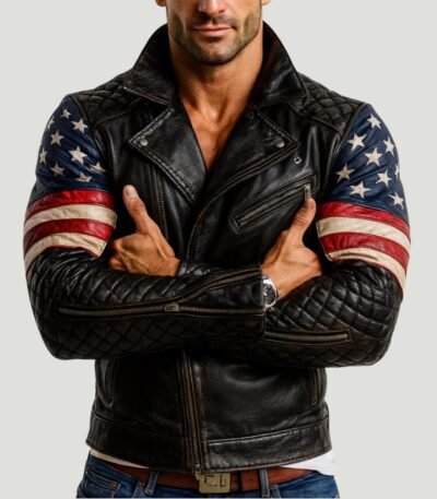 Men's USA Flag Black Sheepskin Leather Biker Jacket