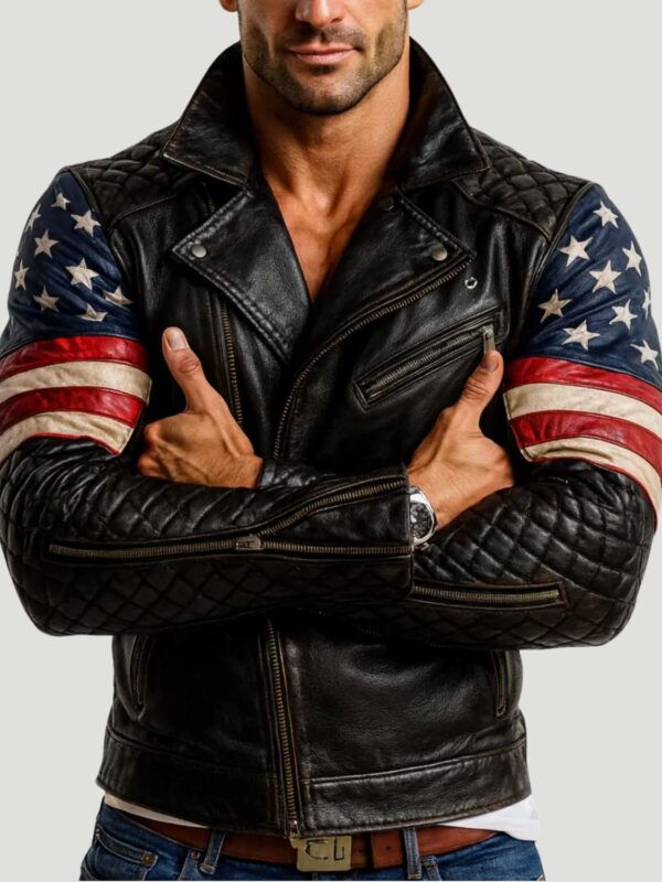 Men's USA Flag Black Sheepskin Leather Biker Jacket