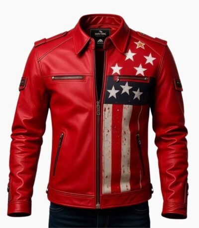 Men's USA Flag Stars & Stripes Red Leather Biker Jacket
