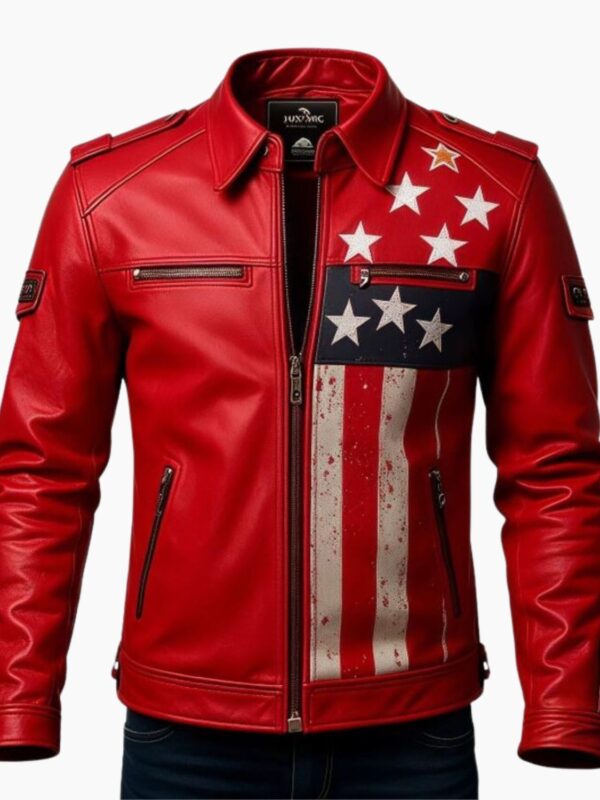 Men's USA Flag Stars & Stripes Red Leather Biker Jacket