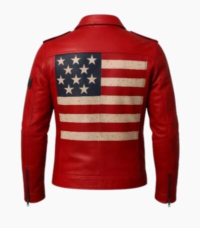 Men's USA Flag Stars & Stripes Red Leather Biker Jacket