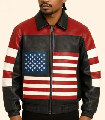 USA Flag Bomber Biker Leather Jacket